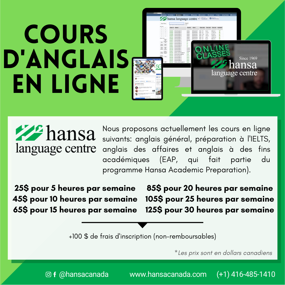 Fr - Online English Classes Online, online classes, hansa online, english classes, english online, english class, anglais général, préparation à l'IELTS, anglais des affaires et anglais à des fins académiques (EAP, qui fait partie du programme Hansa Academic Preparation),