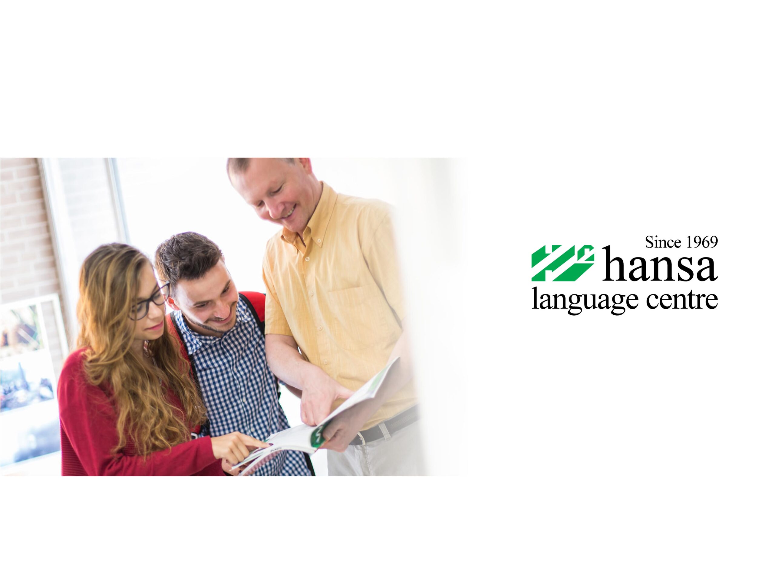 Hansa Language Centre logo & Hansa teacher teaching Hansa students