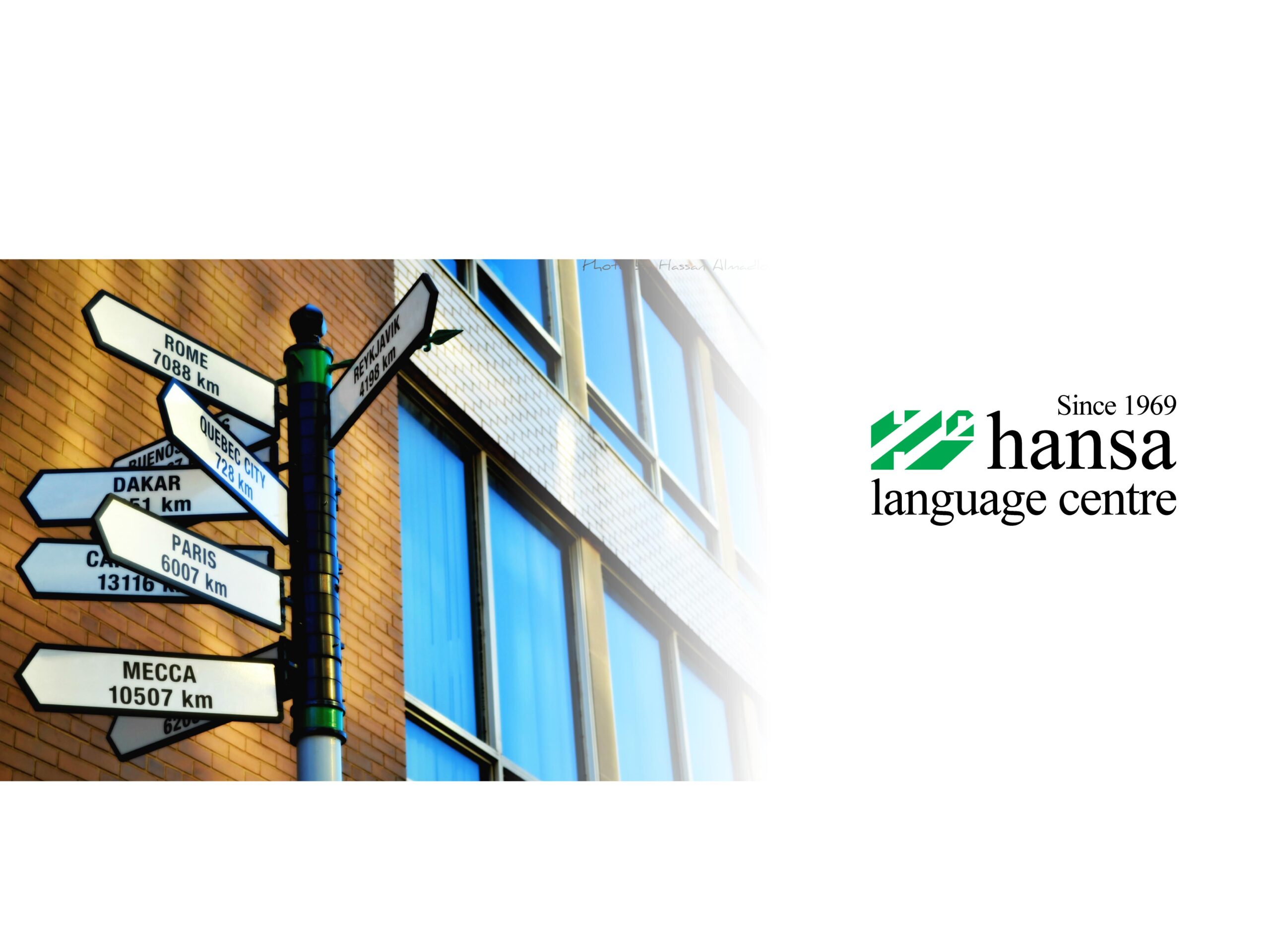 Hansa Language Centre logo & Street sign in front of the Hansa Yonge campus