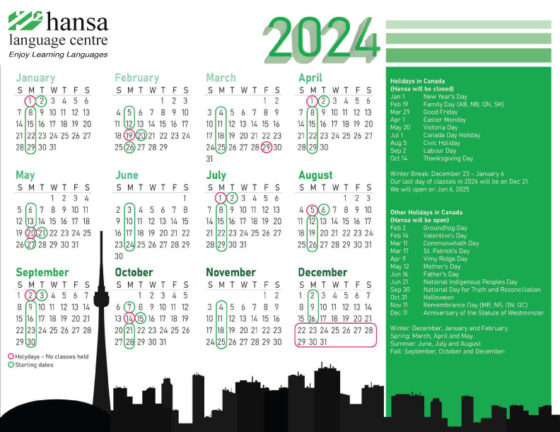 Calendar of Hansa classes starting dates and Holidays in Canada for 2024