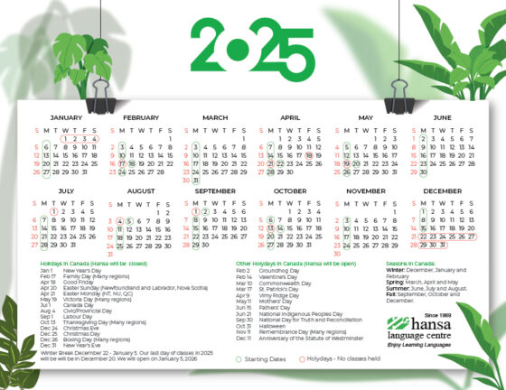 Calendar of Hansa classes starting dates and Holidays in Canada for 2025