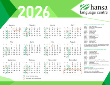 Calendar of Hansa classes starting dates and Holidays in Canada for 2026