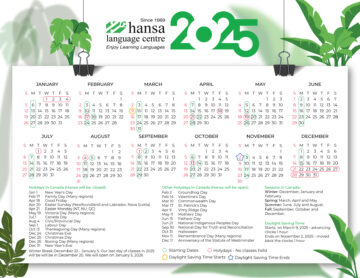 Calendar of Hansa classes starting dates and Holidays in Canada for 2025