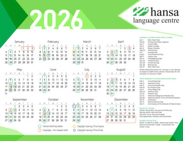 Calendar of Hansa classes starting dates and Holidays in Canada for 2026