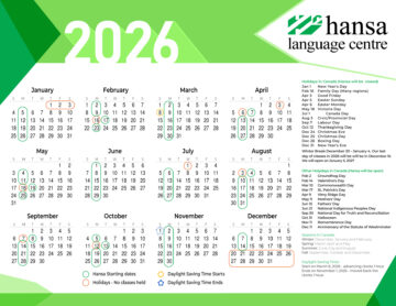 Calendar of Hansa classes starting dates and Holidays in Canada for 2026